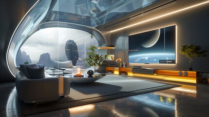A futuristic TV lounge with voice-activated ambient lighting and a transparent OLED TV