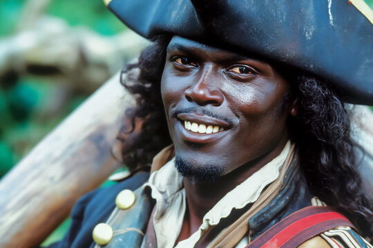 Man in a large black hat smiles while holding a wooden stick, AI-generated.