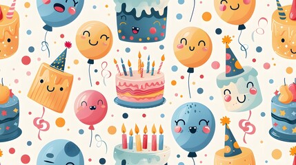 Vibrant cakes adorned with frosting and sprinkles mingle with buoyant balloons, creating a whimsical celebration of joy