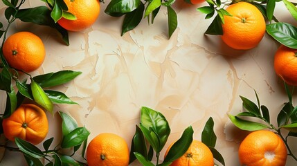 Fresh oranges with lush green leaves on a textured beige background with ample copy space.