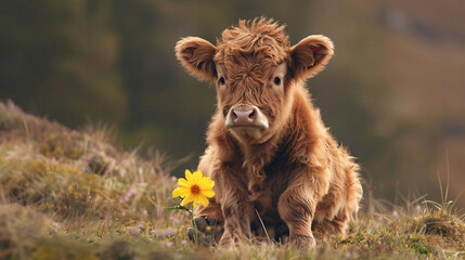 Adorable Baby Highland Cow Sitting Down