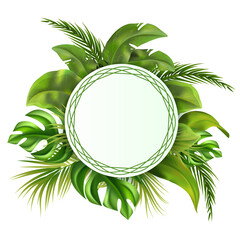 Realistic jungle round frame background with tropical leaves