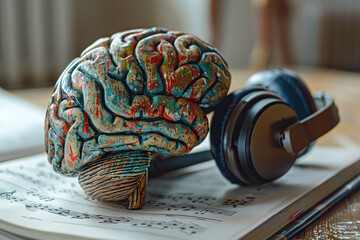 A model of the human brain lies on sheets of music next to the headphones. The concept of the...