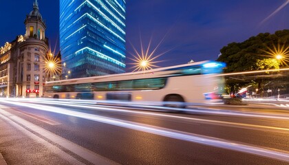 a city street with a bus and cars moving fast at night time with long exposure of the lights on the...