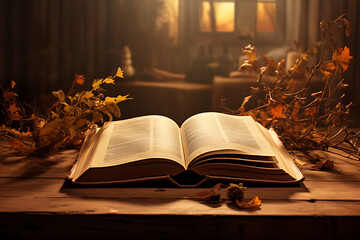 Open book on wooden table, forest background