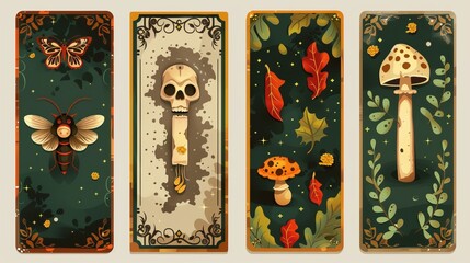 Fototapeta premium An occult banner with a flying insect, an animal skull, and a creepy mushroom. Modern posters with cartoon illustrations of witchcraft and occult equipment.