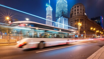 Fototapeta premium a city street with a bus and cars moving fast at night time with long exposure of the lights on the street.
