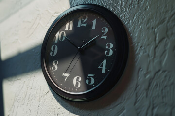Minimalist clock shows 3:15 on a textured white wall, time concept.
