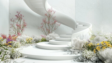 3d render spring scene and Natural background, Stone podium on the colorful flowers and grass field, backdrop blue sky and cloud for product display, transparence, mockup glass