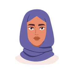 Muslim woman in hijab, face portrait, avatar. Beautiful Arab female character wearing headscarf, traditional Islamic head scarf, headwear. Flat vector illustration isolated on white background