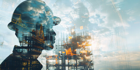 Close up, male Construction engineering concept, represented by a double exposure of building engineers, architects, or construction workers at work, with empty copy copy space