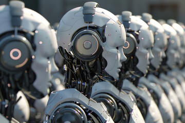 Fototapeta premium Rows of humanoid robots, symbolizing the merge of future innovation and potential anonymity.