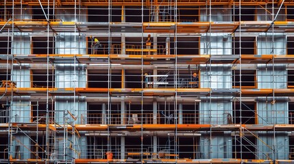 A detailed view of a construction site with workers on scaffoldings across a multi-story building.