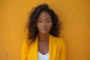 An approachable portrait of a female marketing executive in a bright yellow blazer and white top. 