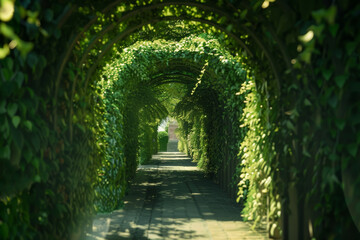 Fototapeta premium Sunlight filters through a serene green tunnel of lush ivy, inviting tranquility.