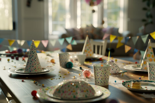 Aftermath of a joyful birthday party with decorations and leftovers littering the table.