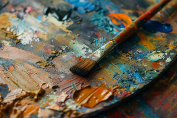 Obraz premium Vivid paint palette with a weathered brush on a dynamic, textured backdrop.