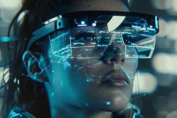 Close-up of a woman with futuristic AR glasses, displaying digital overlays.