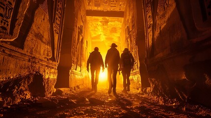 AI generated illustration of three men walking in a tunnel adorned with ancient hieroglyphs