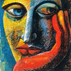Colorful abstract portrait of a person's face with bright blue eyes.
