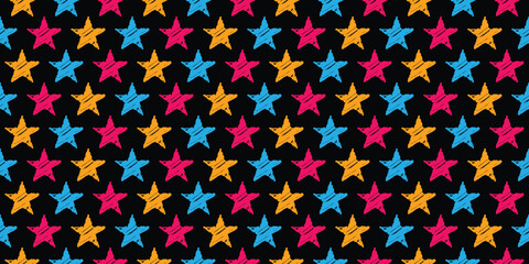 hand drawn star pattern. colorful repeating pattern for kids on black background. can be used for wallpaper, textile, wrapping paper, print, pattern fills, web page background. vector illustration