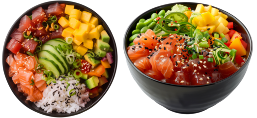 Hawaiian Poke Bowl bundle, side and top view, isolated on a white background