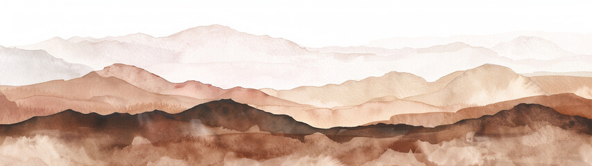 Generative AI illustration of brown watercolor lines as mountains panorama background.