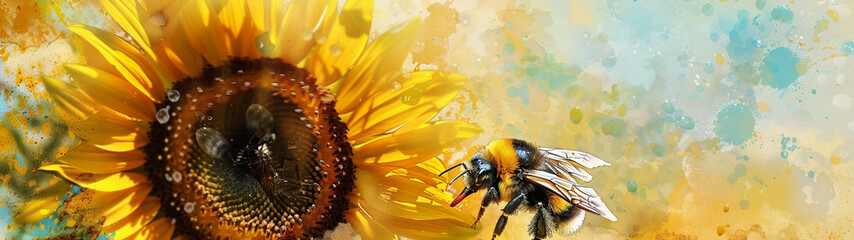Generative AI illustration of a bee on sunflower in aquarelle style.