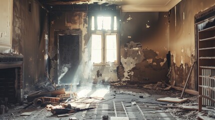 A heavily damaged interior of a house after a disaster, with debris and a charred fireplace.