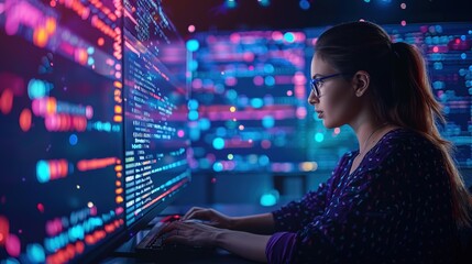 Side view of female programmer working on computer at night