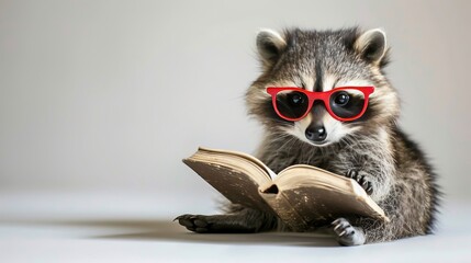 Adorable raccoon wearing red glasses, smiling while engrossed in a book on white background, education concept, banner, copy space for text