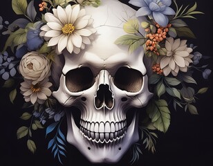 a skull with flowers on it's head and a black background with a black background and a white skull...