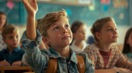 A Boy Raising Hand in Classroom