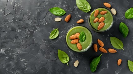 Two glasses of green smoothies garnished with almonds and basil leaves on a dark textured surface.