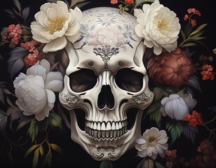 a skull with flowers on it's head and a black background with a black background and a white skull with flowers on it's head