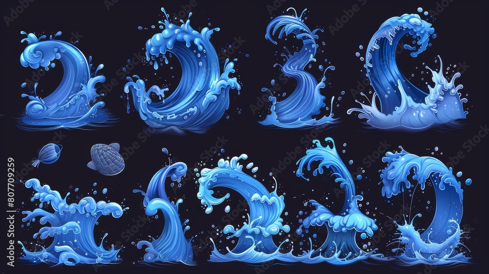 Wall mural water splashes, waves, swirls. modern cartoon set with flowing water streams, tides, falling water, 