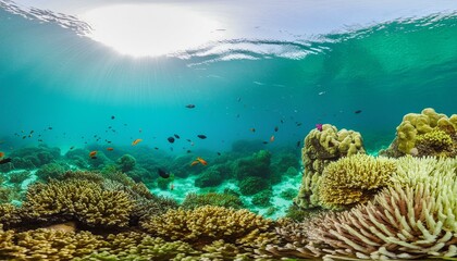 an underwater scene with corals and fish in the water.