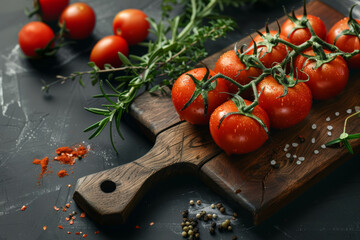 Fresh cherry tomatoes on the vine, with herbs on a wooden board.