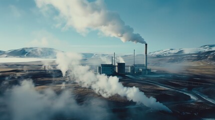 Obraz premium Industrial plant with towering smokestacks emitting steam against a backdrop of snowy mountains and clear blue sky.