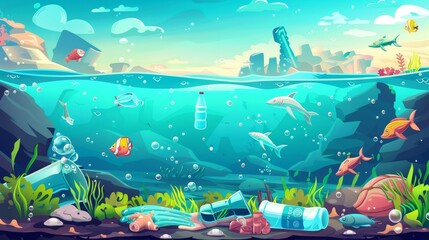 Ocean pollution poster with underwater seascape and floating plastic garbage. Cartoon illustration of ocean bottom with marine wildlife and waste.