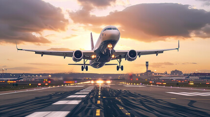 A large jetliner taking off from an airport runway at sunset or dawn with the landing gear down and the landing gear down, as the plane is about to take off