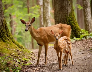 a young deer standing next to an adult deer in a forest.