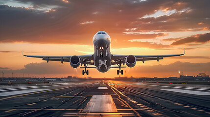 Naklejka premium A large jetliner taking off from an airport runway at sunset or dawn with the landing gear down and the landing gear down, as the plane is about to take off