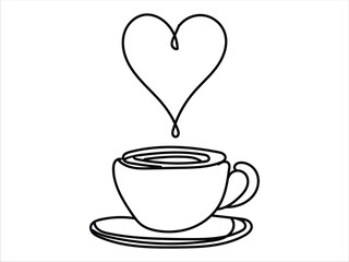 One-line art of handdrawn cup of coffee with heart symbol decorated in a vector design