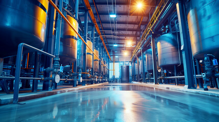 Modern industrial facility with large tanks and intricate piping illuminated by overhead lights.