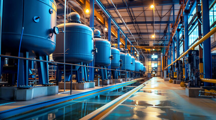 A row of large blue industrial tanks in a modern factory setting with metallic structures.