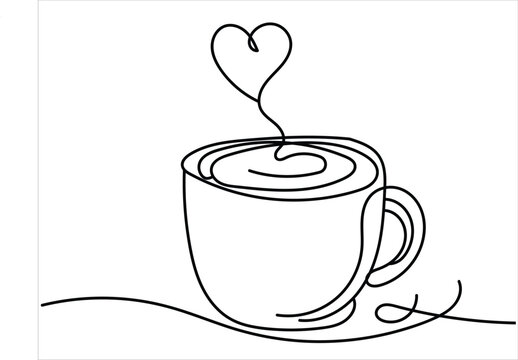 recommend clip art: One-line art of handdrawn cup of coffee with heart symbol decorated in a vector design