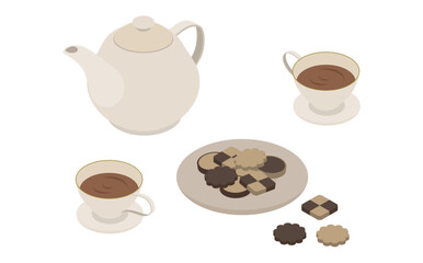 アイソメトリックイラスト:紅茶とクッキー