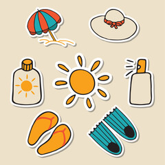 Stickers set for Summer vacation, travel, beach elements. Hand drawn vector doodles in flat style.