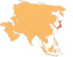 Highlighted red map of JAPAN inside orange detailed political map of Asia using orthographic projection on transparent background